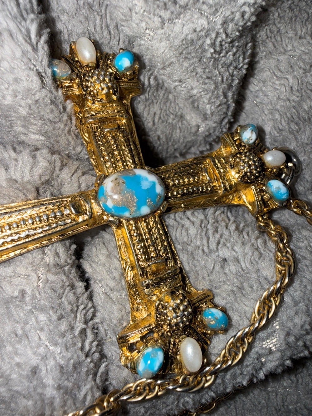 Gold-Tone Cross Pendant Necklace with Turquoise & Pearl Accents - Picture 3 of 5